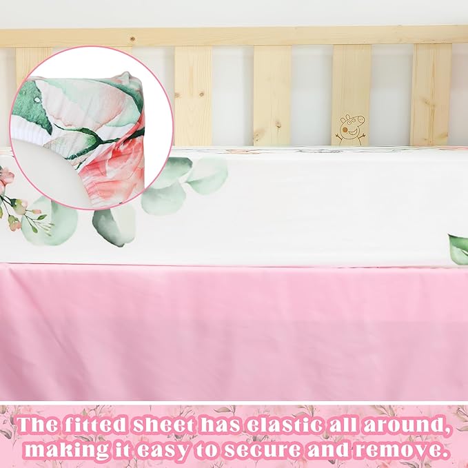 3 Pcs Baby Crib Bedding Set Safari Animals Dinosaurs Bear Woodland Animals Jungle Crib Set Includes Quilt, Fitted Sheet, Skirt for Baby Boy Girl(Pink,Safari)