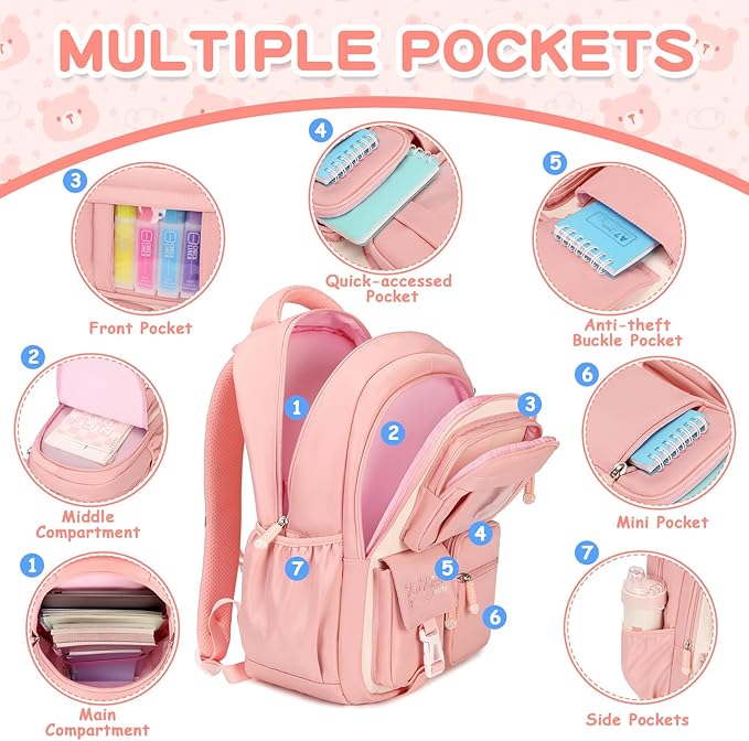 Kids Backpack for Girls School Bags for Middle School Students Book Bag for Elementary Primary Kawaii Ita Backpack, Pink and Beige