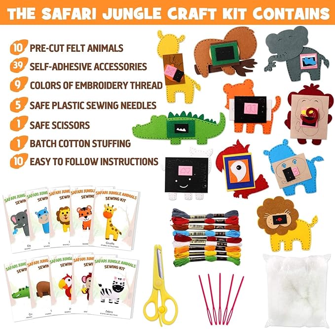 Safari Jungle Animals Sewing Kit Zoo Felt Animal DIY Crafts for Girls and Boys Educational Nursery Sewing for Kids Art Craft Kits for Beginners Set of 10