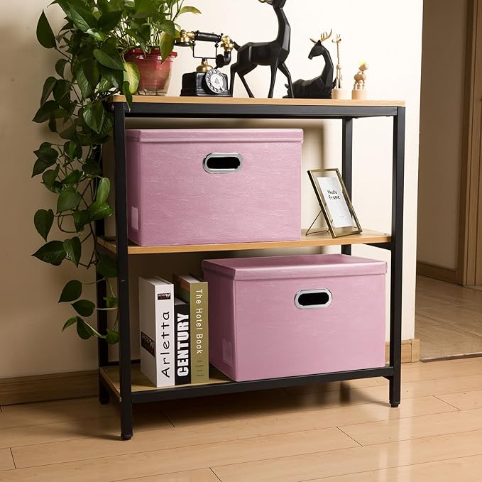 PRANDOM Large Stackable Storage Bins with Lids [5-Pack] Leather Fabric Foldable Storage Boxes Organizer Containers Baskets Cube with Cover for Bedroom Closet Office Nursery Pink (17.7x11.8x11.8)
