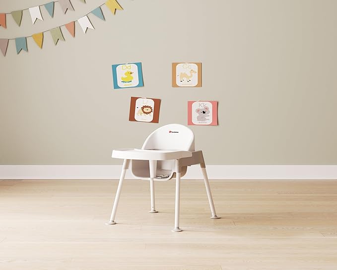 Foundations Secure Sitter 11" Feeding Chair, Stable “No Tip” Feet, 3-Point Adjustable Harness, Removable Tray, Easy to Clean, Smooth Plastic (White/Tan)