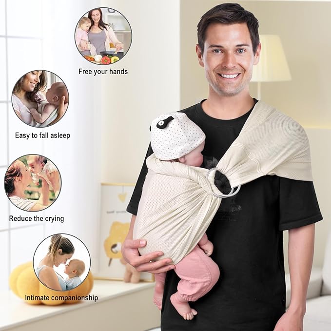 CUBY Water Baby Sling Carrier Lightweight Breathable Mesh Baby Ring Slings, Adjustable Quick-Drying Ring Sling Baby Carrier for Newborn Kids Toddlers Summer Swimming Pool Beach (Apricot)