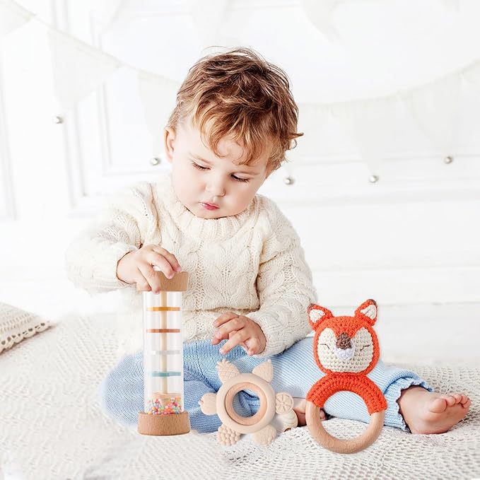 Youuys Wooden Baby Rattle Set (3pcs) - Crochet Rattle Rain Stick Teething Toys, Wooden Montessori Toy for Newborn Infant Baby Rattles Set Toys 3-6 Months (Fox)