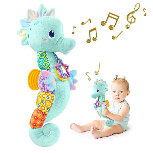 Sumobaby Infant Baby Musical Stuffed Animal Activity Soft Toys with Multi-Sensory Crinkle, Rattle and Textures, for Tummy Time Newborn 0-3-6-12 Months Boys, Girls, Seahorses, Blue