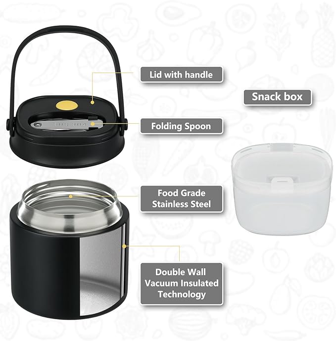 2 - in - 1 Soup Thermo for Hot Food 14oz with Snack Box Container Leak Proof Insulated Lunch Container Kids and Adults Stainless Steel Double Wall Vacuum Wide-mouth Thermal with Spoon and Handle
