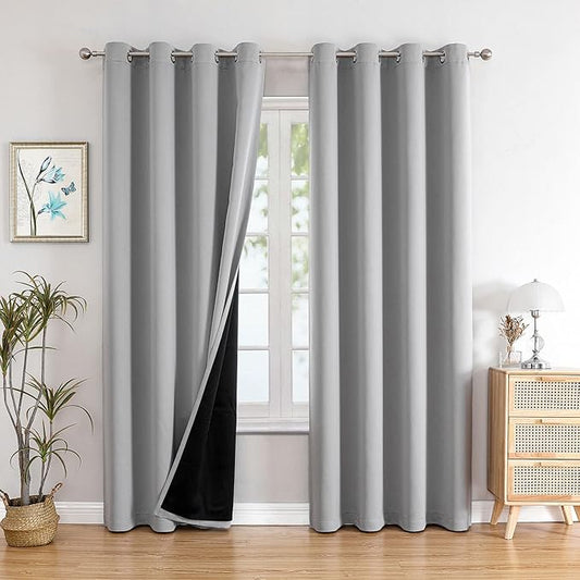 ChrisDowa 100% Blackout Curtains 80 inch Long for Bedroom with Black Liner, 2 Thick Layers Total Blackout Thermal Insulated Grommet Window Curtains 2 Panels Set (Light Grey, 52 x 80 Inch)
