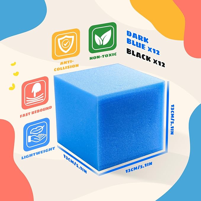 Foam Pit Cubes, 24 PCS 5 Inches Gymnastics Foam Blocks Trampoline Blocks, Multi-Sport Protective Padding for Gymnastics, Trampoline, Parkour, Skate Parks & BMX - Black & Dark Blue