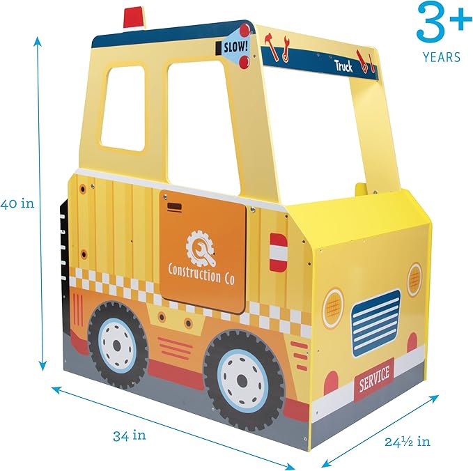 Construction Truck Wooden Playset w 60+ Toy Pieces- Pretend Hammer Saw Bolts & Screws- Spinning Turn Saw, Steering Wheel, Wood to Pull Apart- Dual Sided Play Stand Center, Workbench Building Kids Gift