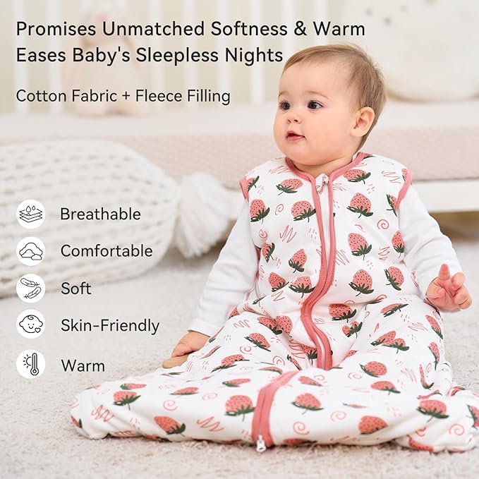 Sleep Sack 18-24 Months TOG 2.5 Winter Baby Wearable Blanket, 100% Cotton Toddler Sleeping Sack with 2-Way Zipper Warm Soft Baby Sleep Sack Strawberry