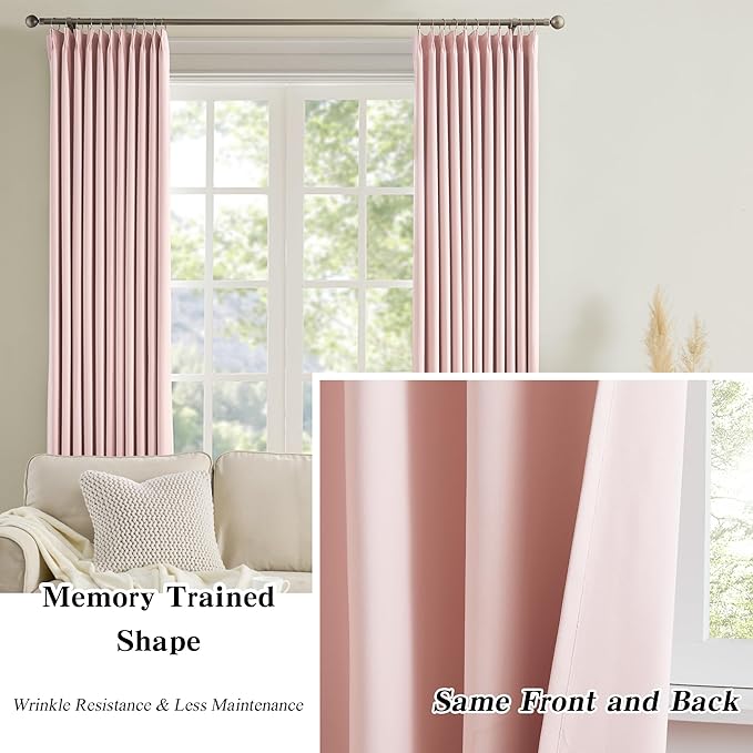 KEQIAOSUOCAI Pinch Pleated Pink Blackout Curtains 63 Inches Long, Sound & Light Reducing Room Darkening Drape for Girl's Bedroom(2 Panels, W40 x L63)