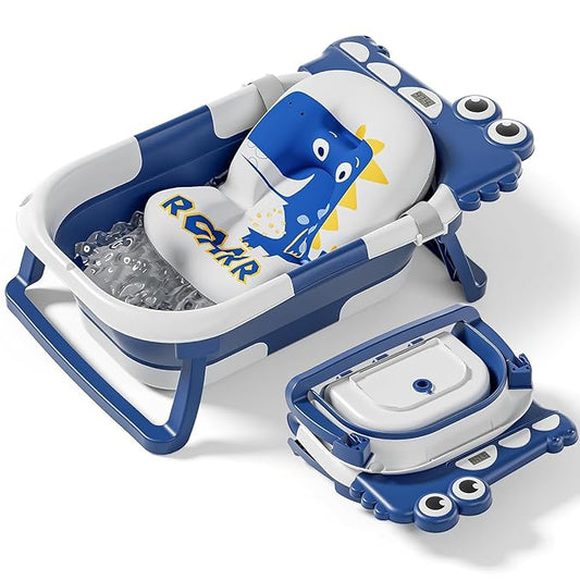 Collapsible Baby Bathtub for Newborn, Foldable Baby Bath Tub with Thermometer & Soft Floating Cushion & Drain Hole, Portable Travel Infant Bath Tubs for Newborns to Toddlers 0-36 Months Boy,NavyBlue