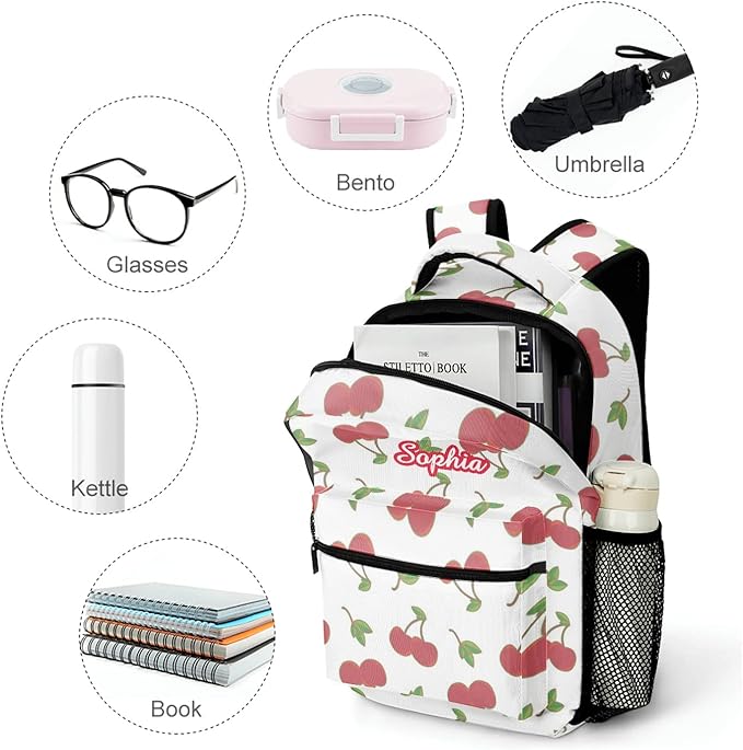 Cherry Pattern Custom Kids Backpack 16.5 Inch for Boy Girl, Personalized Waterproof Child School Travel Bag with Name