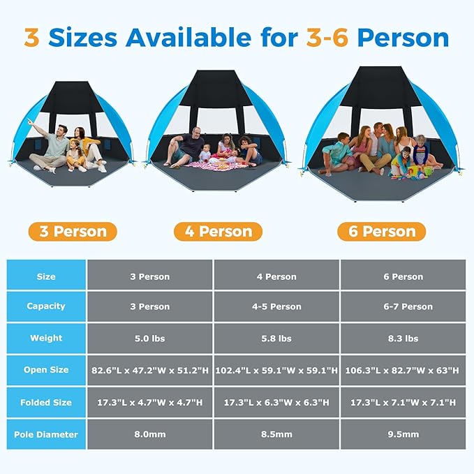 Gorich Portable Beach Tent for 3/4-5/6-7 Person with UPF 50+ UV Protection, Lightweight & Foldable Sun Shelter with 5 Sand Bags, Easy Setup Windproof Beach Umbrella Sun Shade