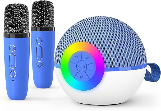 goopow Mini Karaoke Machine Speaker for Kids Adults, Portable Bluetooth Microphone Song Toys with LED Light, Best Chritmas Birthday Festival Gift for 3 4 5 6 7 8+ Year Old Girls Boys (Blue-2MIC)
