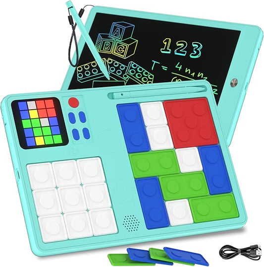 Slider Puzzle Games & LCD Writing Tablet 2 IN 1 Travel Games,530 Challenges Brain Teaser Toys for Kids,Drawing Pad Gifts for Boys Girls(Blue)