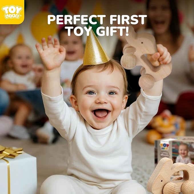 TOY Life Wooden Toys Cars, Montessori Toys for Babies 0-6-12 Months, Babies Bunny Rattle Cars for Toddlers 1-3, Wooden Baby Toys Gift 1 Year Old, Baby Boy Nursery Decor, Elephant & Rabbit Toy Car