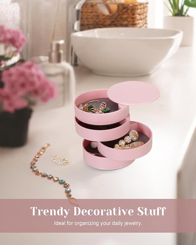 CONBOLA Jewelry Organizer, Small Jewelry Storage Box Earring Holder for Women, 4-Layer Rotating Travel Jewelry Tray Case with Lid for Bracelets Rings Bracelets, Gift for Women Teen Girls