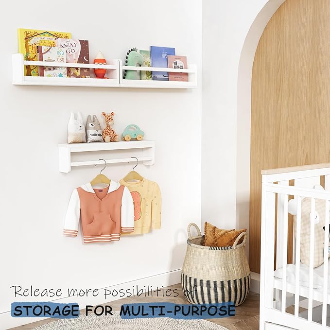 24 Inch White Wall Bookshelf for Kids Room, Floating Nursery Book Shelves Wall Mounted with Lip and Hanging Rod for Baby Girl Boy Bedroom, Large Corner Hanging Children Bookshelves -Set of 3