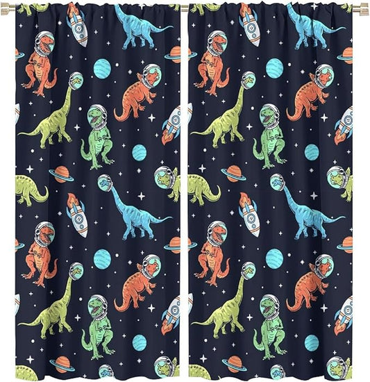 Cartoon Dinosaur Curtains for Kids Boys Girls Home Decor, Astronaut Rocket Funny Outer Space Blackout Rod Pocket Window Drapes for Bedroom Living Room W31.5xL72in 2 Panels