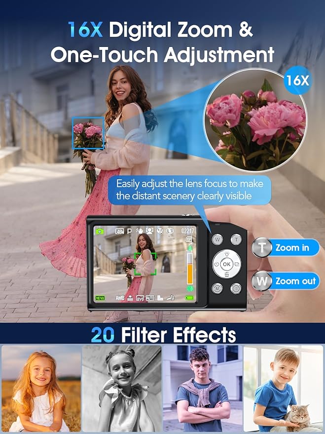 Digital Camera,Autofocus 4K Vlogging Camera for Photography with 32GB Card,48MP Portable Compact Point and Shoot Digital Camera for Teens Adult Beginner with 16X Zoom,Anti-Shake,2 Batteries(Black)