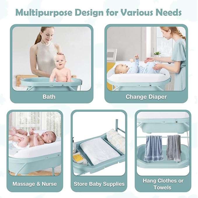 HONEY JOY Baby Changing Table with Bathtub, Foldable Infant Diaper Changing Station with Wheels, Storage Tray, Waterproof Pad, Portable Newborn Nursery Organizer Bath Stand for Boys Girls (Blue)