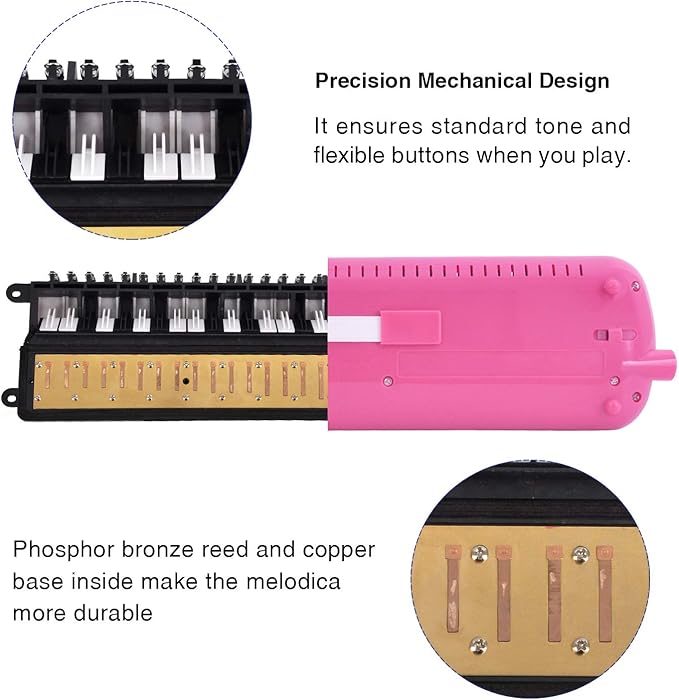 EastRock 32 Key Melodica Instrument Keyboard Soprano Piano Style with Mouthpiece Tube Sets and Carrying Bag for Kids Beginners Adults Gift Pink