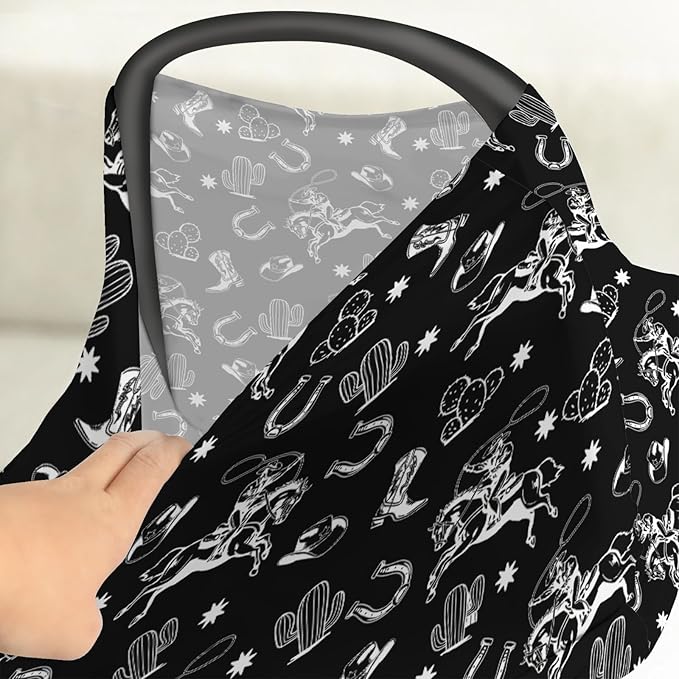 Country Western Car Seat Cover for Baby Cowboy Hat Boots Horse Cactus Stretchy 5-in-1 Covers Adjustable Car Canopy Breastfeeding Cover Wild West Desert Breathable Nursing Cover-Up