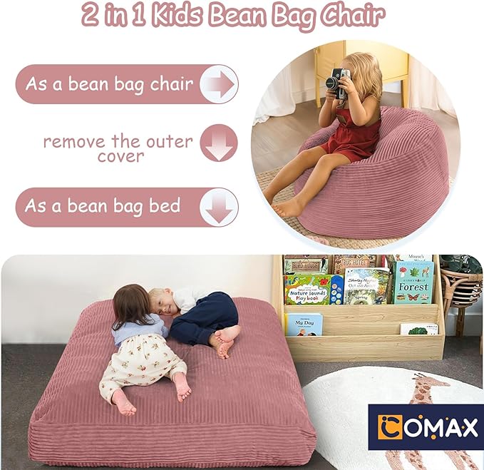 COMAX Kids Bean Bag Chair Turn into Beanbag Bed, Toddler Bean Chair Corduroy for Girl Boy Sleeping, Lazy Children Bean Bags with Filler, Convertible Child Floor Mattress, Light Pink