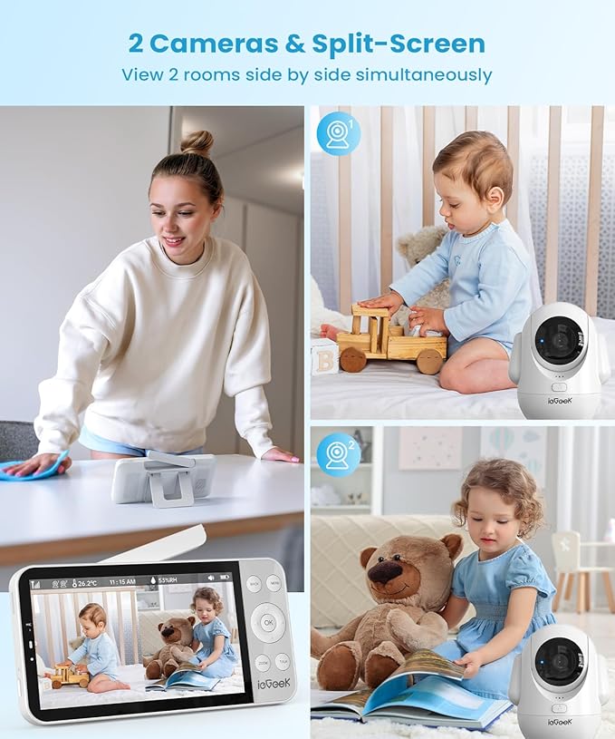 ieGeek 5.5’’ Split-Screen Baby Monitor,2.5K UHD Baby Monitor with 2 Cameras and Audio,Night Light,Prone Sleeping&Cry Detection,Two-Way Talk,Night Vision,2.4G&5Ghz WiFi App Control,4000mAh Battery