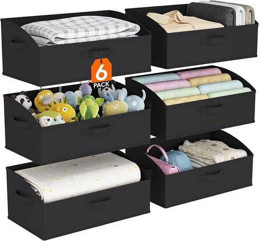 Lifewit Storage Baskets for Shelves, 6 Packs Non-woven Fabric Trapezoid Closet Organizer Bins with Handles, Foldable Clothing Containers Box for Clothes, Toy, Towel, Book, DVD, Hats, Large-Black