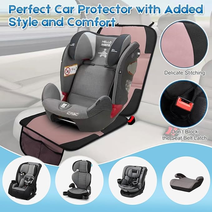Car Seat Protector for Child, 2 Pack Baby Covers with Mesh Pockets & Non-Slip Backing 600D Durable Under Seat for Back (Rose Gold, Standard)