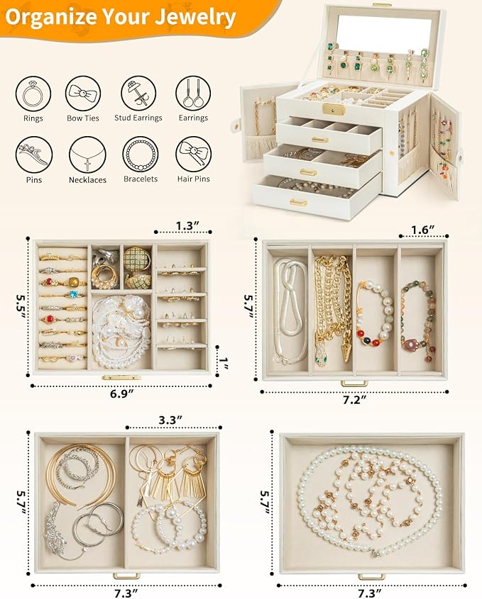 AKOZLIN Large 4-Tier Jewelry Box Leather Jewelry Storage Organizer with 3 Drawers Lockable for Women Girls Ring Necklace Earring Bracelet Watches Holder with Mirror White