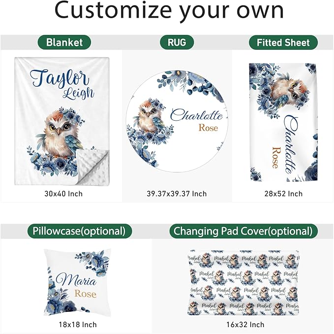 Personalized Baby Crib Bedding Set - Custom Name Owl Pattern 3 Pcs Set - Soft Blanket with Double Layer Dotted Backing, Fitted Sheet, Room Rug for Newborns Boys Girls Shower Gift