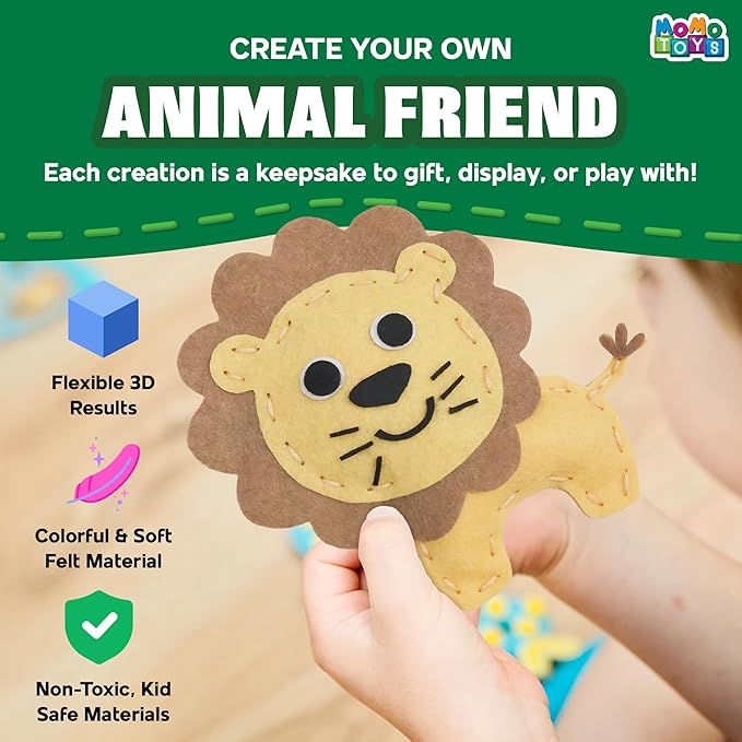 MOMOTOYS Wild Animals Beginner Sewing Kit for Kids Ages 7+ – Includes 9 Kids Sewing Projects with Tools & Art Supplies – DIY Felt Crafts for Girls & Boys – Gifts for 7, 8, 9, 10, 11, 12 Year Old