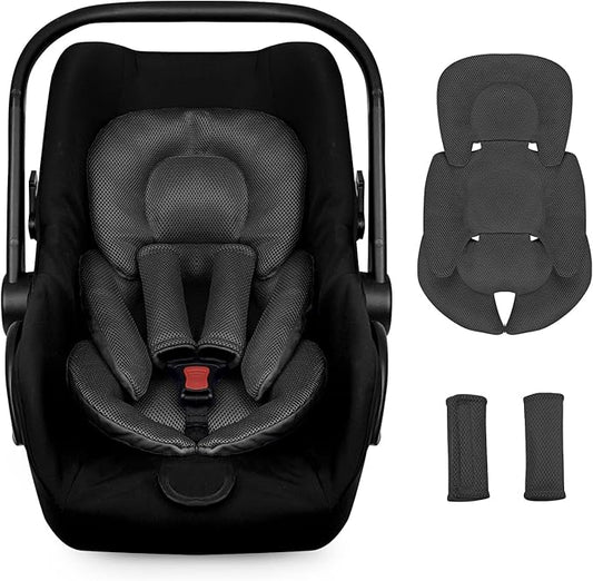 Infant Car Seat Insert for Newborn Girls Boys, Summer Mesh Baby Carseat Head Support with Strap Pads, Soft Reversible Baby Car Seat Insert Cushion Pad for Car Seat, Stroller, Bouncer, Swing, Black