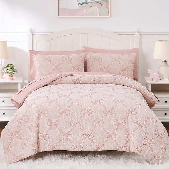 Queen Comforter Set with Sheets for Girls-7 Pieces Queen Bedding Sets with Pink Comforter, Sheets, Pillowcases & Shams for Kids (Pink Diamond, 90" X 90")