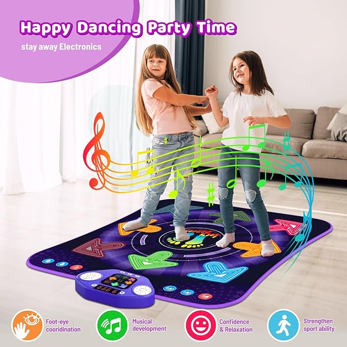 Dance Mat Toys for 3-12 Year Old Girls Boys, Dance Pad with Light Up 8-Buttons & Bluetooth, Music Dance Game with 7 Game Modes, Christmas Birthday Gifts for 3 4 5 6 7 8 9 10+ Year Old Girls Boys