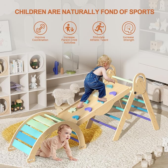 Pikler Triangle Set with Cushion, Montessori Climbing Set, Indoor Climb Toys, Indoor Playground Jungle Gyms, 9 Combinations Climbing Toy Set for Toddler, Baby, Kids 1-4