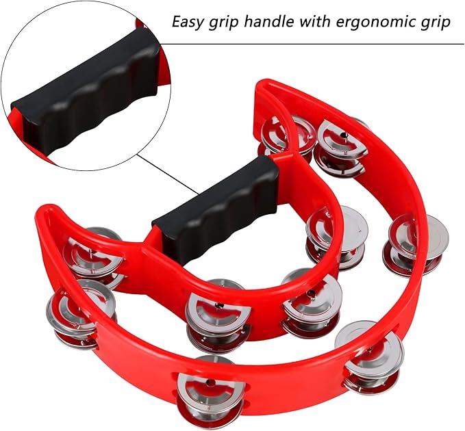 EASTROCK 3 Pack Double Row Tambourine Metal Jingles Hand Held Percussion Half Moon Tambourine for Kids, Adults, KTV, Party (Black, Blue, Red)