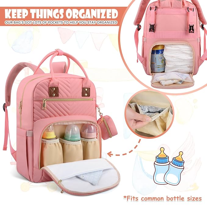 Baby Diaper Bag Backpack, Travel Diaper Bags for Baby Girl Boy Large Capacity Baby Bag Backpack for Women Light Pink