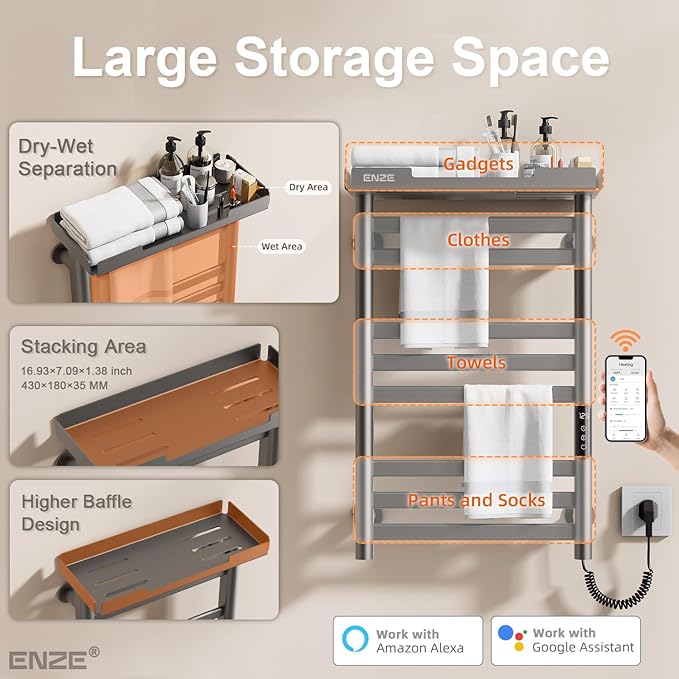 ENZE Heated Towel Rack with Shelf and Wi-Fi App Control, 8 Bars Electric Wall Mounted Towel Warmer with Timer & Adjustable Temperature, Low Carbon Steel, Plug-in/Hardwired, Gray