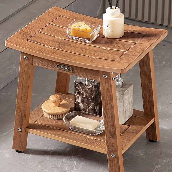HDPS Shower Bench Seat for Inside, Waterproof Poly Lumber Shower Stool for Shaving Legs, Bathroom Foot Rest with Storage Shelf, Plastic Bath Chair Seat for with Adjustable Feet, No Maintenance, Brown