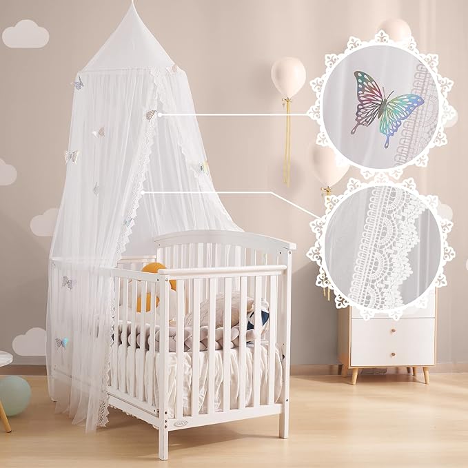 Kids Bed Canopy with Lace Hanging Canopy Net for Baby Crib Nook Castle Game Tent Nursery Play Room Decor (Butterfly)