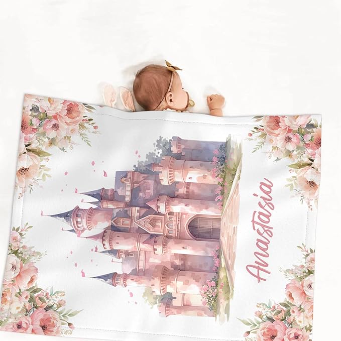Personalized Baby Girl Crib Bedding Set – Custom Name Princess Castle 3-Piece Nursery Set with Soft Flannel Blanket, Fitted Sheet & Pillowcase – Infant & Toddler Bedding Gift