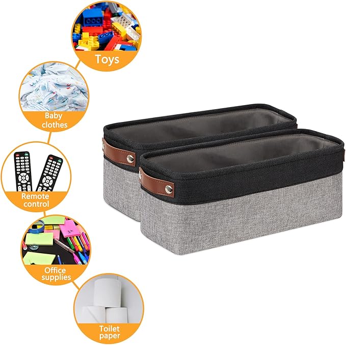 DULLEMELO Small Bathroom Baskets for Toilet Fabric Storage Baskets 2 Pack - 15"x6"x5.5" Foldable Fabric Organizer for Storage Decorative Storage Bins for Home,Closet(Black&Grey)