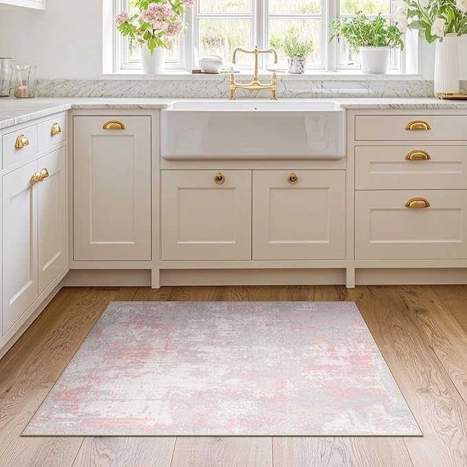 Washable Area Rugs 2'x3' Non-Slip Modern Abstract Soft for Living Room Entryway Bedroom Nursery, Print Pattern, Grey Pink