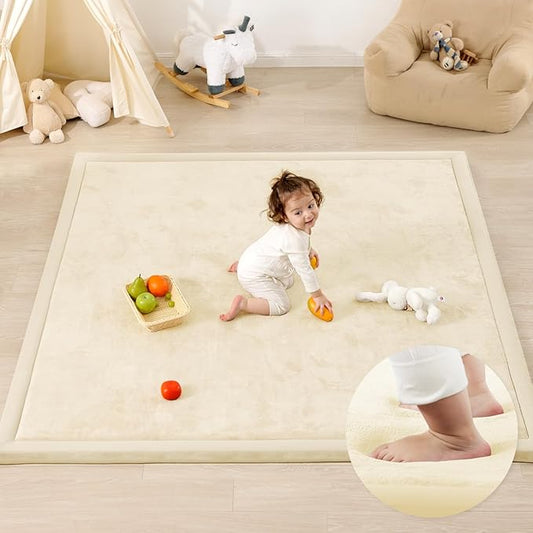 1.3" Thick Baby Play Mat for Floor, 39x59 Foam Tummy Time Mat, Padded Support Soft Plush Nursery Rug for Infant Kids Toddler Crawling Kick Activity (Ivory)