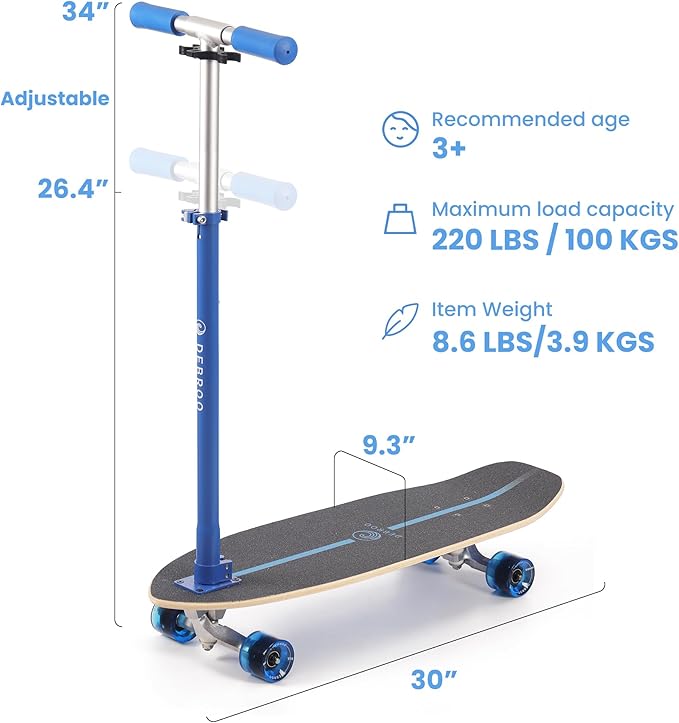 2-in-1 Kids Skateboard & Lean-to-Steer Scooter with Detachable Handlebar, LED Light-Up Wheels, Adjustable Height – Beginner Surf Skateboard for Ages 3+