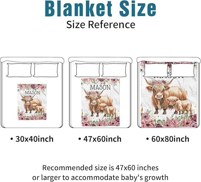 Custom Name Crib Bedding Set - Flower Highland Cow Pattern, Personalized Nursery Bedding 3-Piece Set– Soft Blanket, Fitted Sheet, Changing Pad Cover – for Newborns Girls Nursery Gifts
