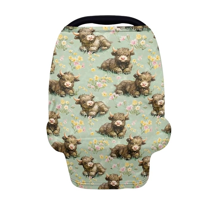 Binienty Highland Cow Baby Car Seat Cover for Boys Girls,Boho Floral Infant Carseat Cover Multi Use Baby Nursing Cover, Shopping Cart/High Chair/Stroller Cover